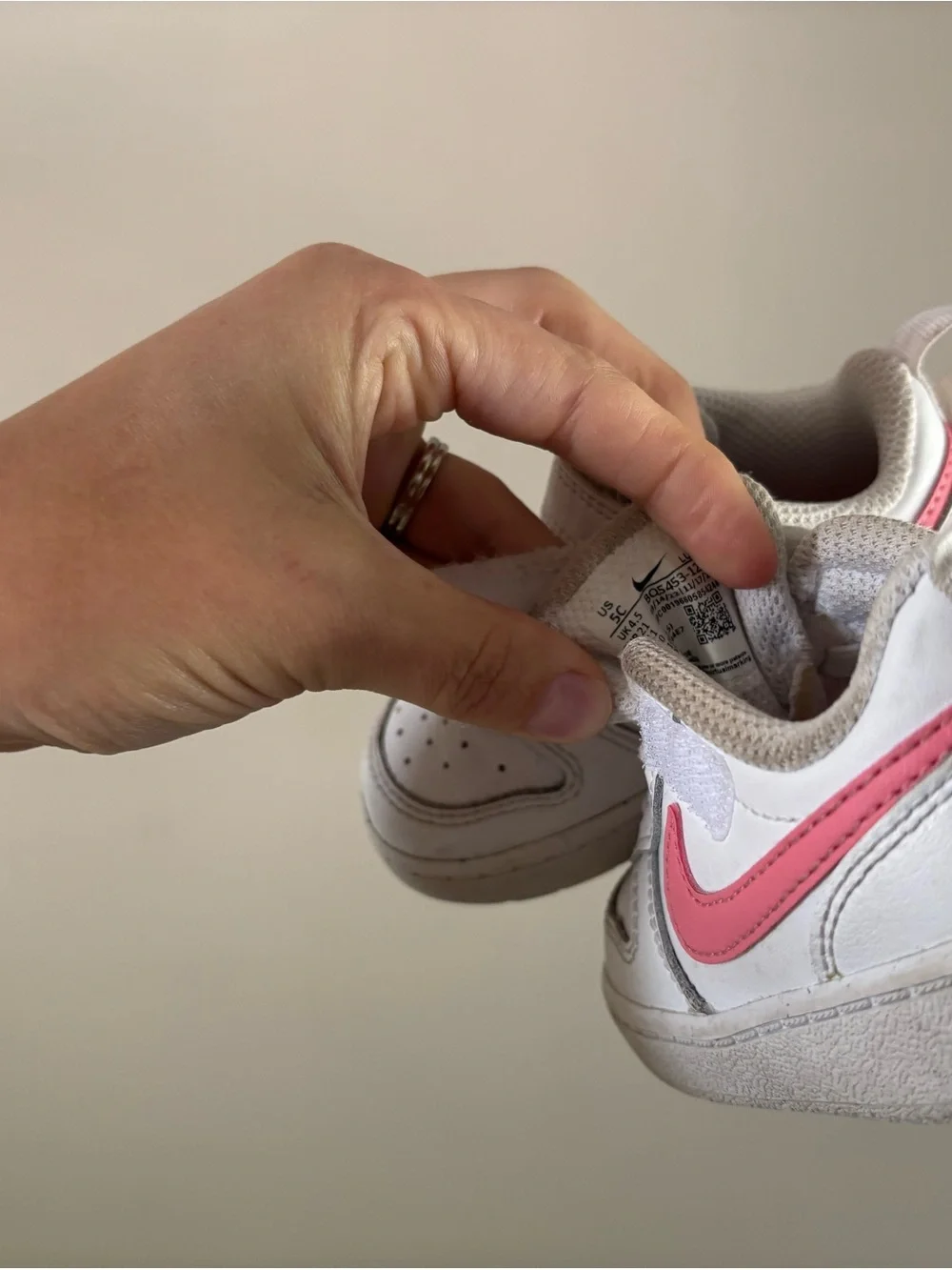 Nike Kids White Sneakers with Pink Swoosh Velcro